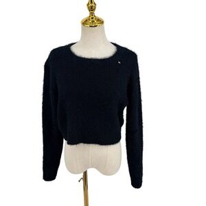 NWT Bebe Y2K Cropped Dollette Coquette Sweater S Black Fuzzy Eyelash Knit Charm